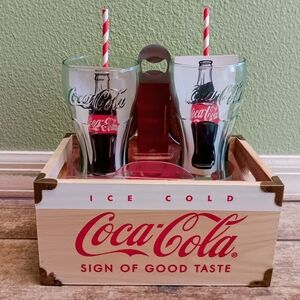 Coca-Cola Wooden Crate with Branded Glasses, Bottle Opener, 2 Coasters